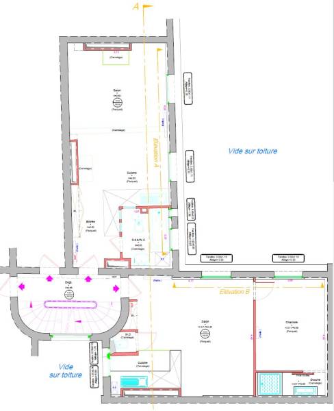 Plan de niveau du 5e étage d'une copropriété à Paris lors d'un relevé architectural